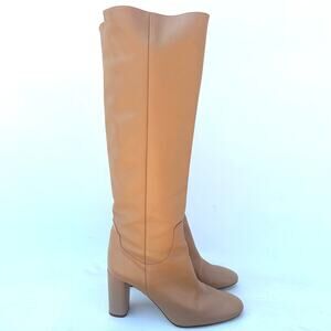 Zara Leather Knee-High Tall Chunky Heel Boots Camel Tan 41 Size 11